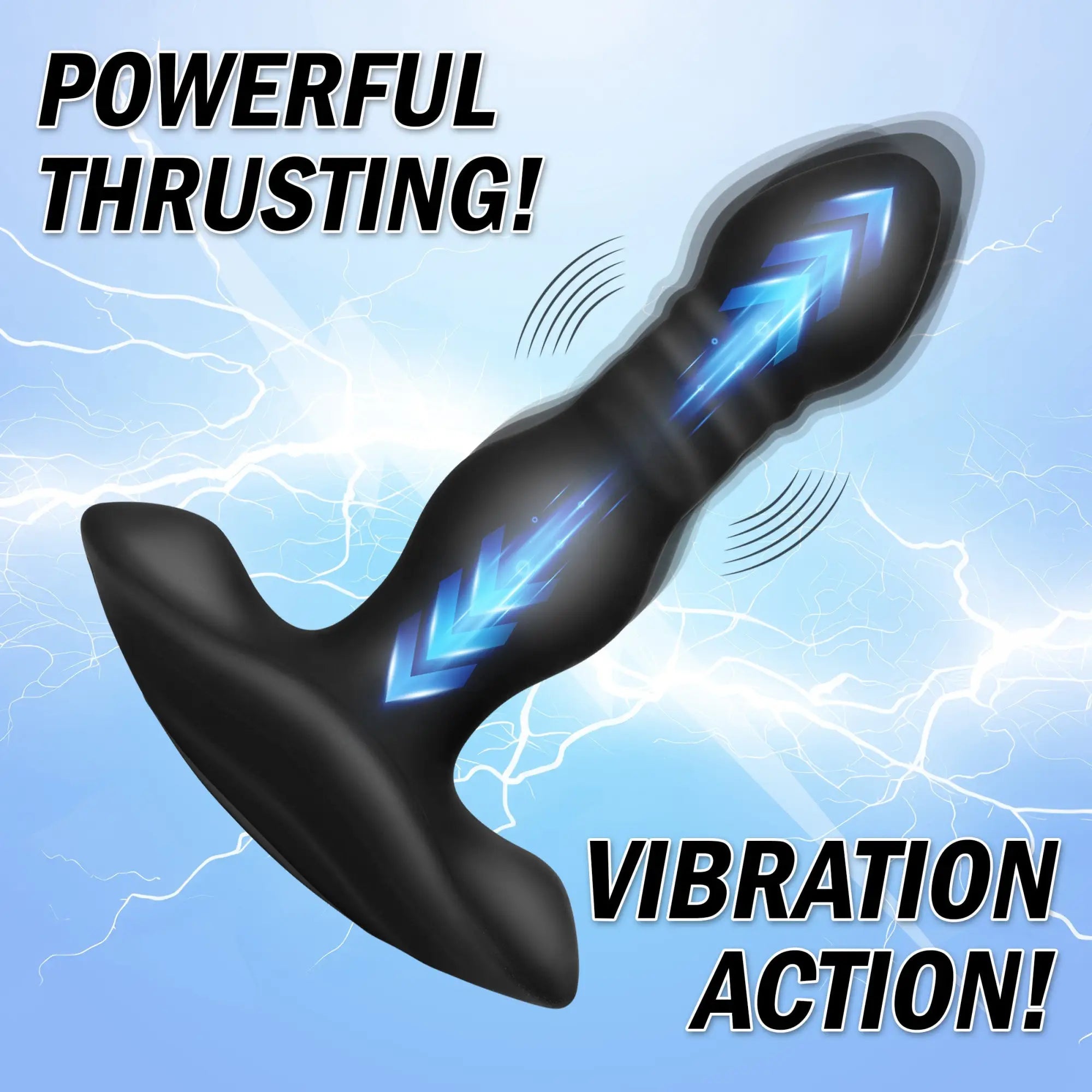 Black Thunderplugs silicone anal plug with blue motion arrows, set against a blue, electric lightning background.