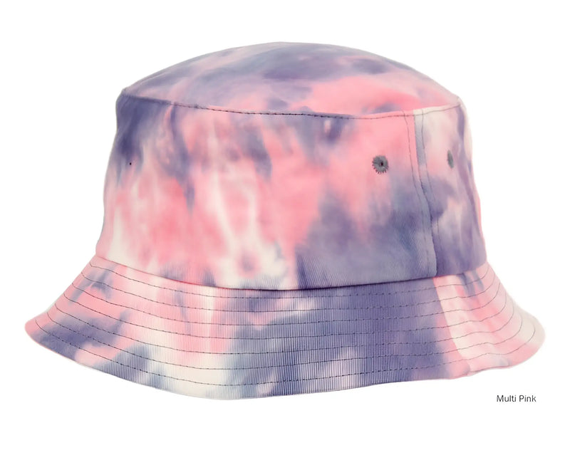 A soft tie dye bucket hat in pink and purple hues with subtle white streaks made of comfortable fabric