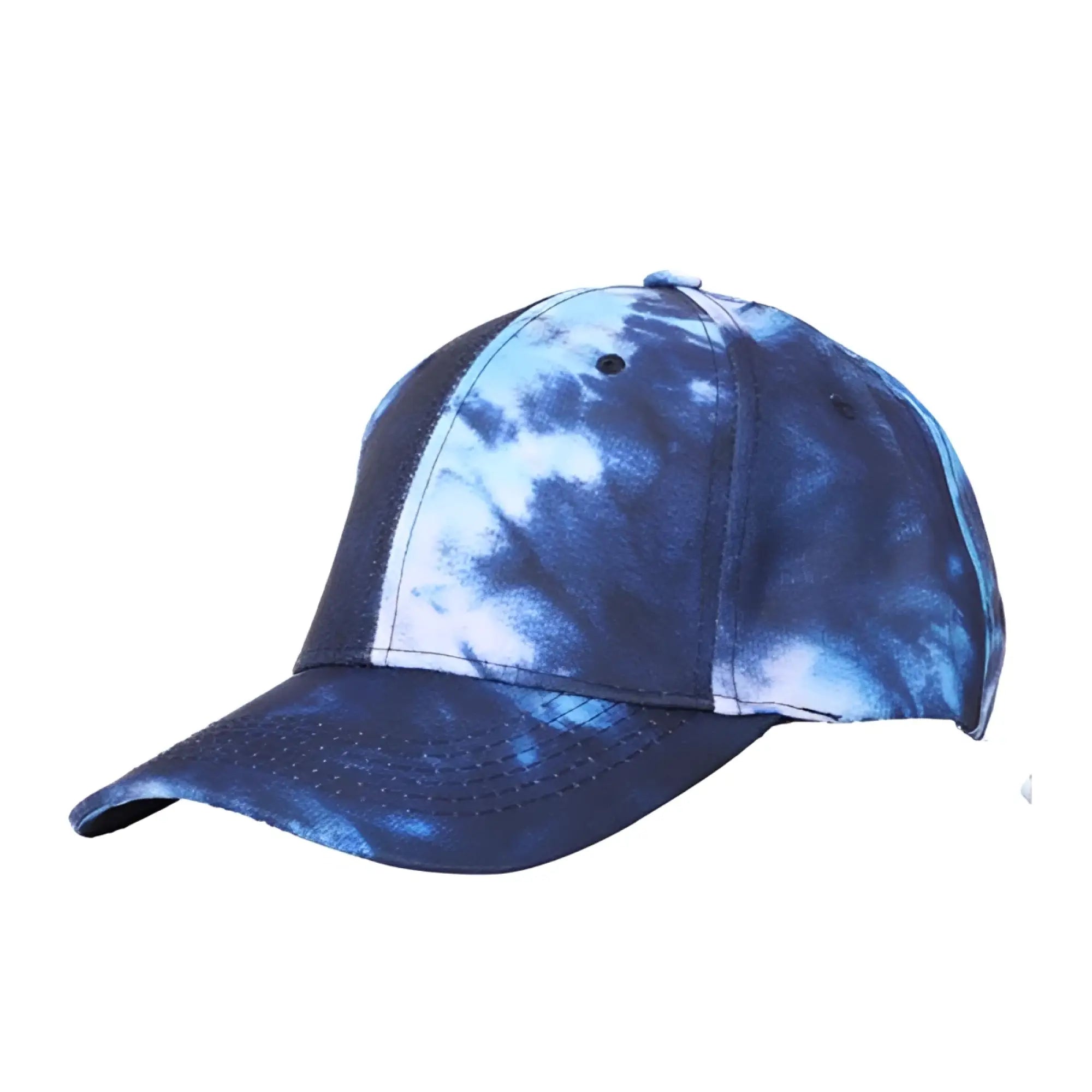 Blue and white tie-dye baseball cap with curved brim made of soft fabric for casual outdoor wear