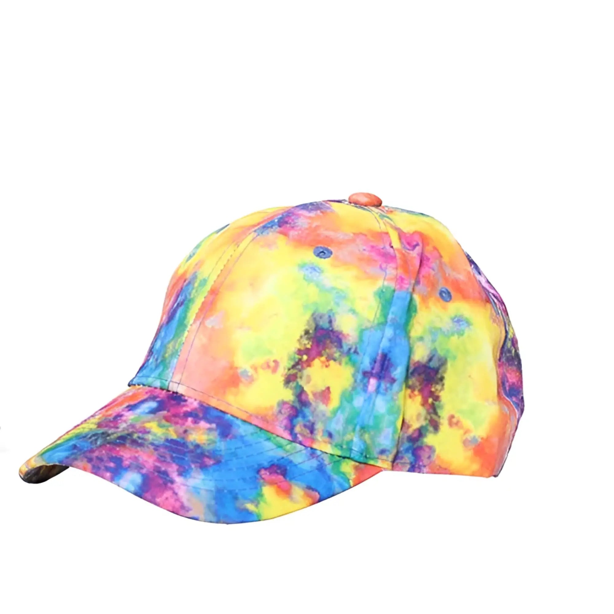 A vibrant tie-dye cap with a colorful swirling pattern of yellow blue pink and orange hues on soft fabric