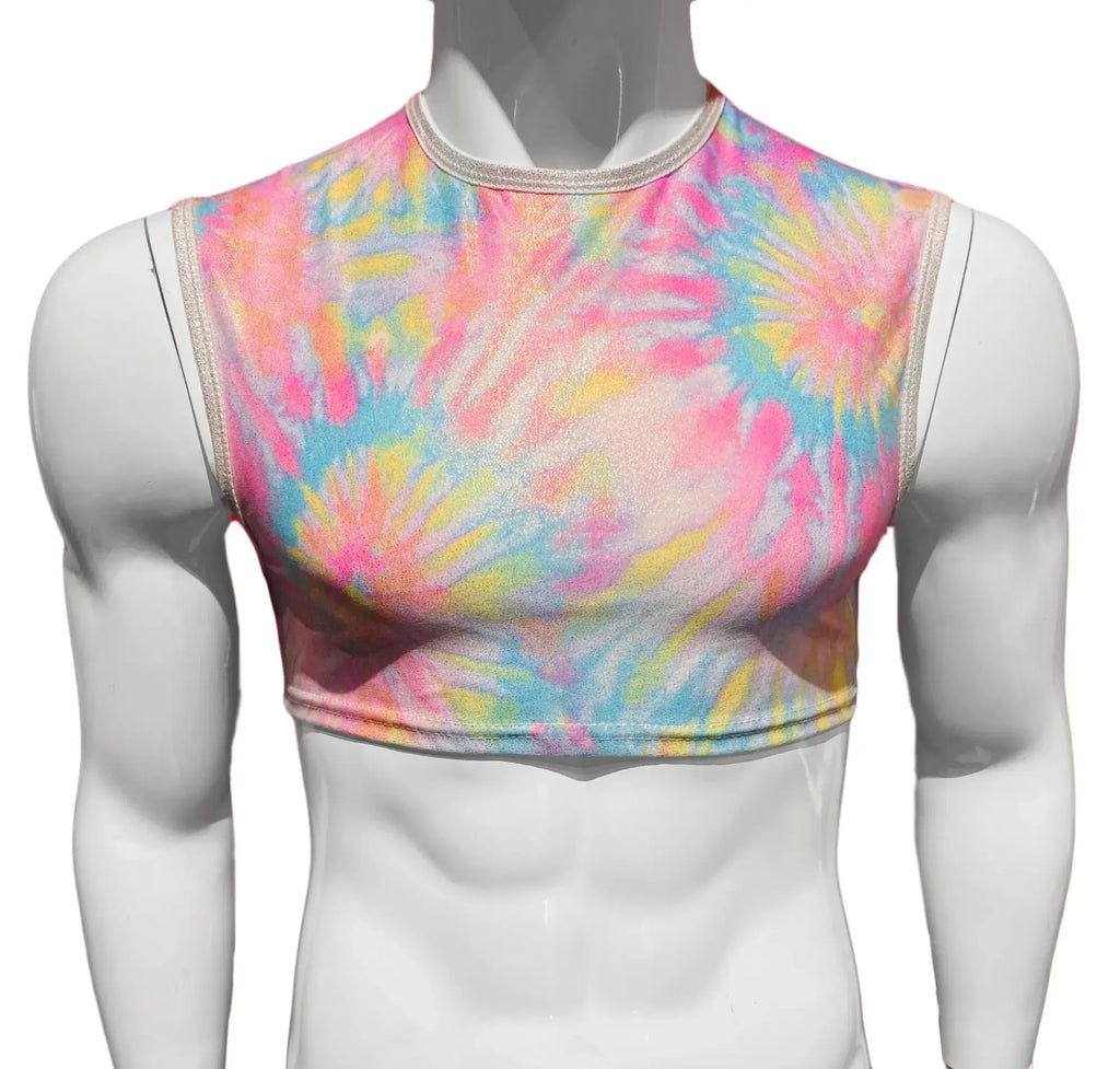 A vibrant sleeveless tie dye crop top with pink blue yellow and white colors perfect for casual summer wear