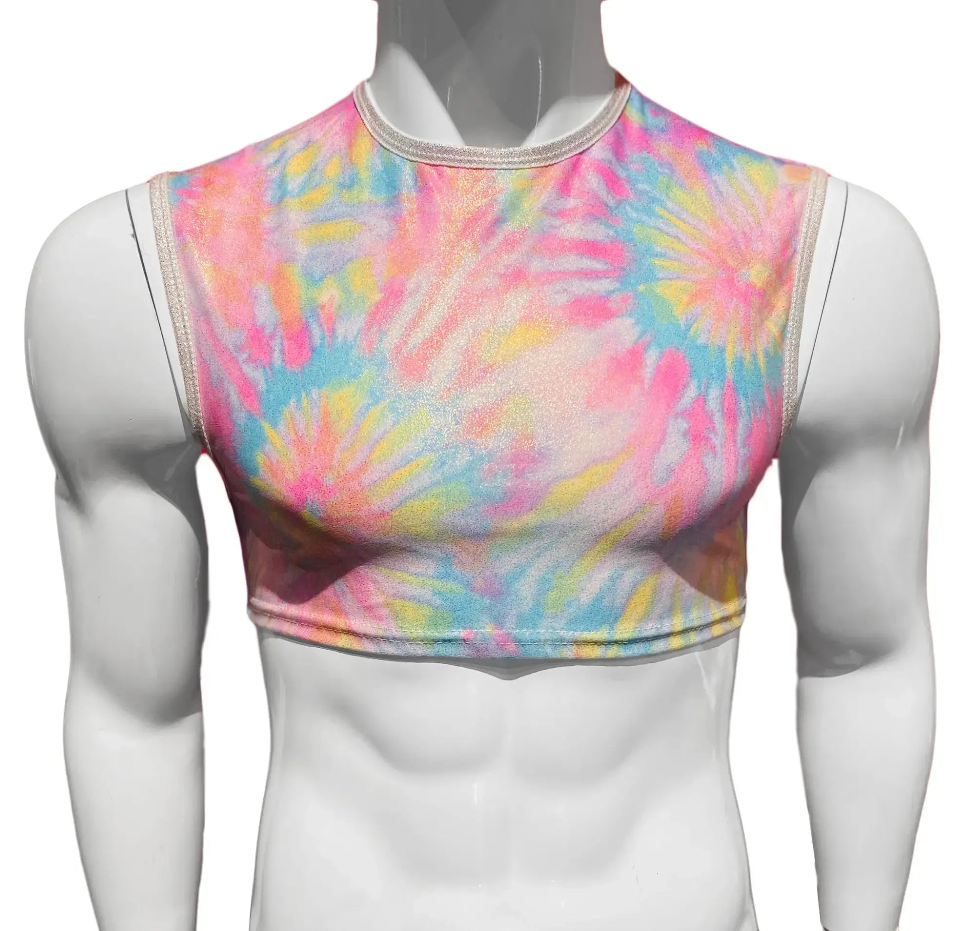 A vibrant sleeveless tie dye crop top with pink blue yellow and white colors perfect for casual summer wear