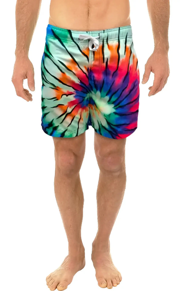 Vibrant tie dye swim short with swirling red orange blue and green hues perfect for beach and pool use