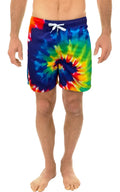Tie dye swim short featuring vibrant swirling blue green yellow and red colors with white drawstring waistband