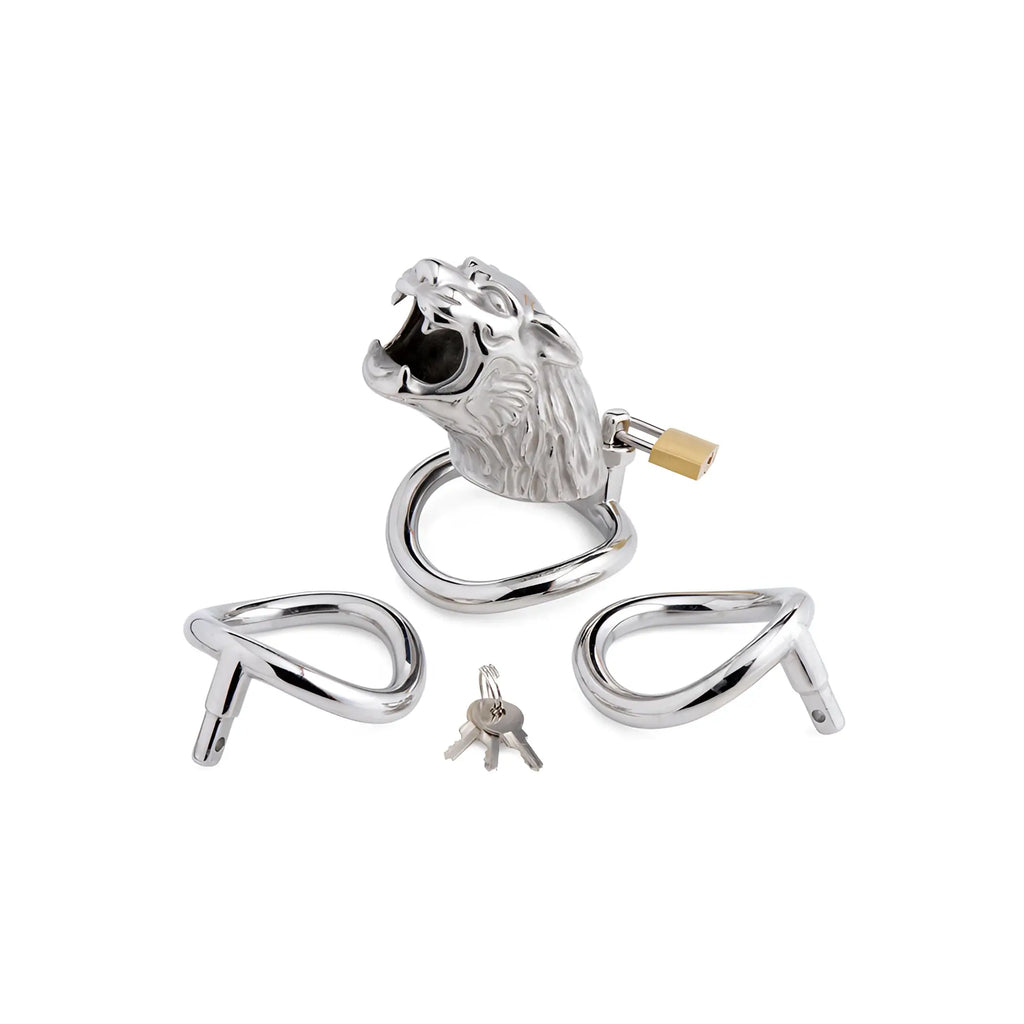 Silver lion-head tiger king locking chastity cage with gold lock two curved metal rings and three keys