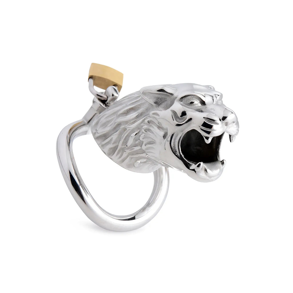 Silver metallic tiger head chastity device with gold-colored lock from tiger king locking chastity cage product