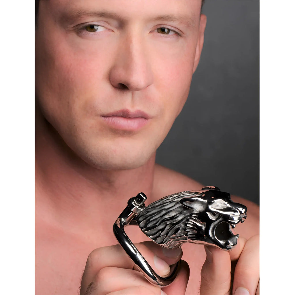 Silver-toned metal lion head ring with detailed mane and curved bar for attachment in Tiger King Locking Chastity Cage