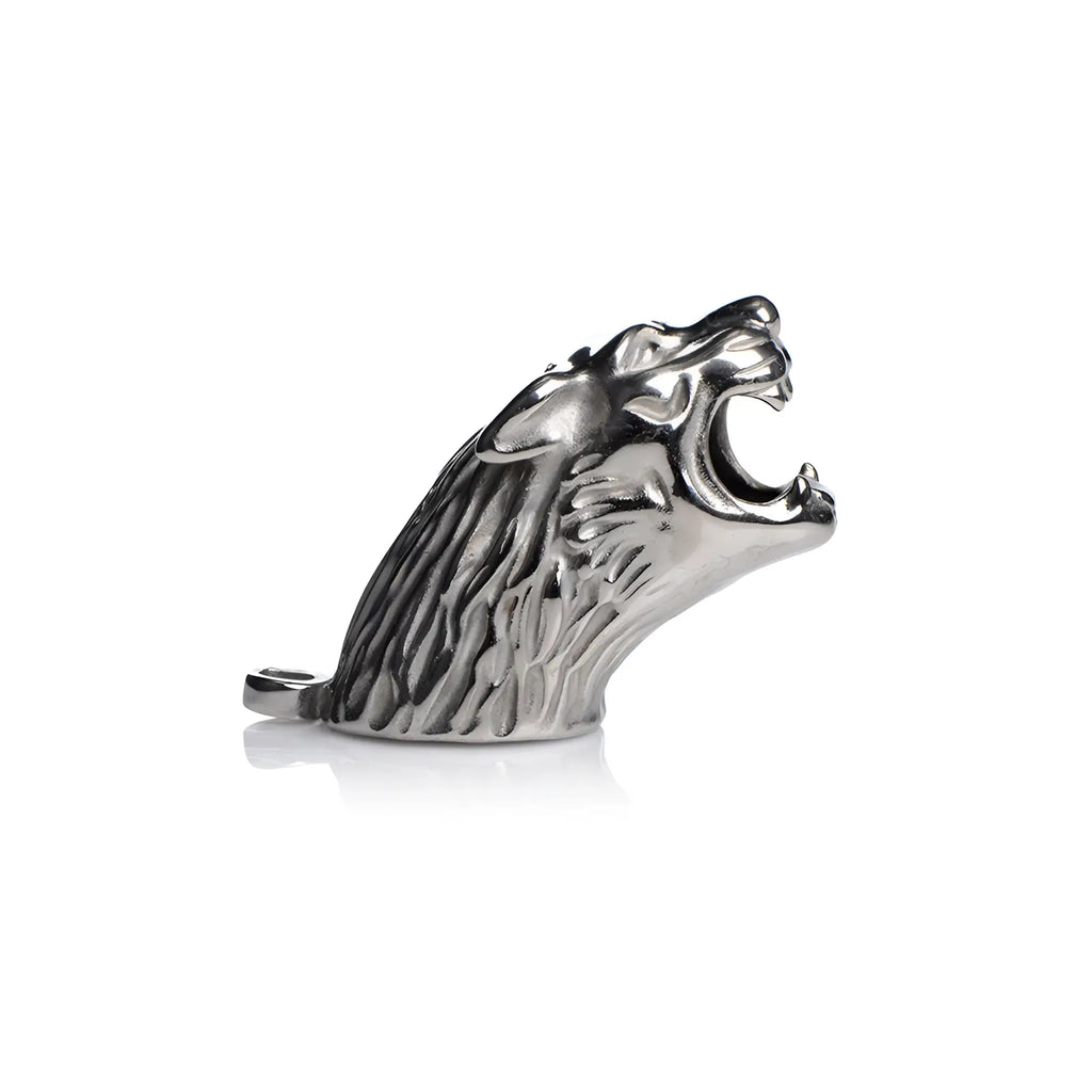 Silver wolf head pendant with detailed fur texture and open mouth in polished metal for tiger king locking chastity cage