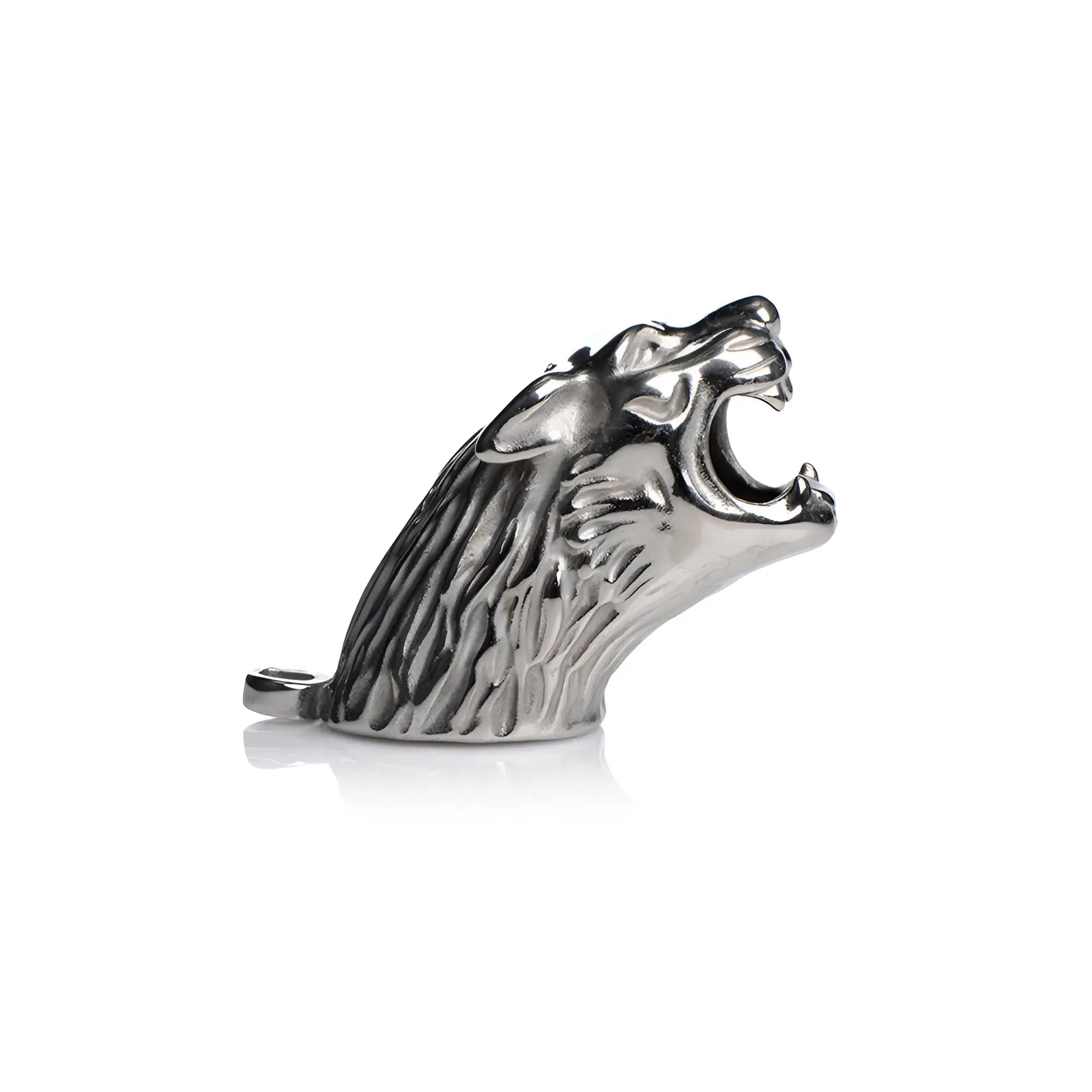Silver wolf head pendant with detailed fur texture and open mouth in polished metal for tiger king locking chastity cage