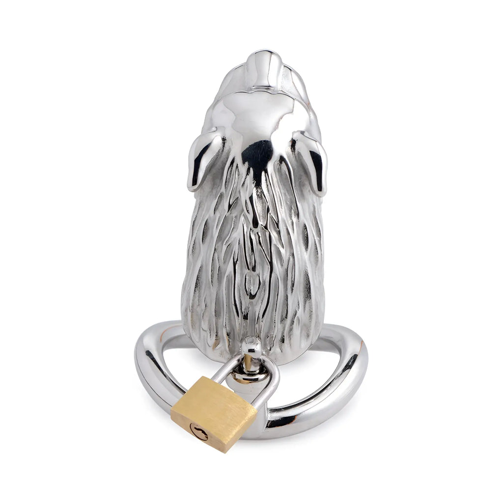 Silver wolf-shaped tiger king locking chastity cage with textured fur detail and gold-colored padlock