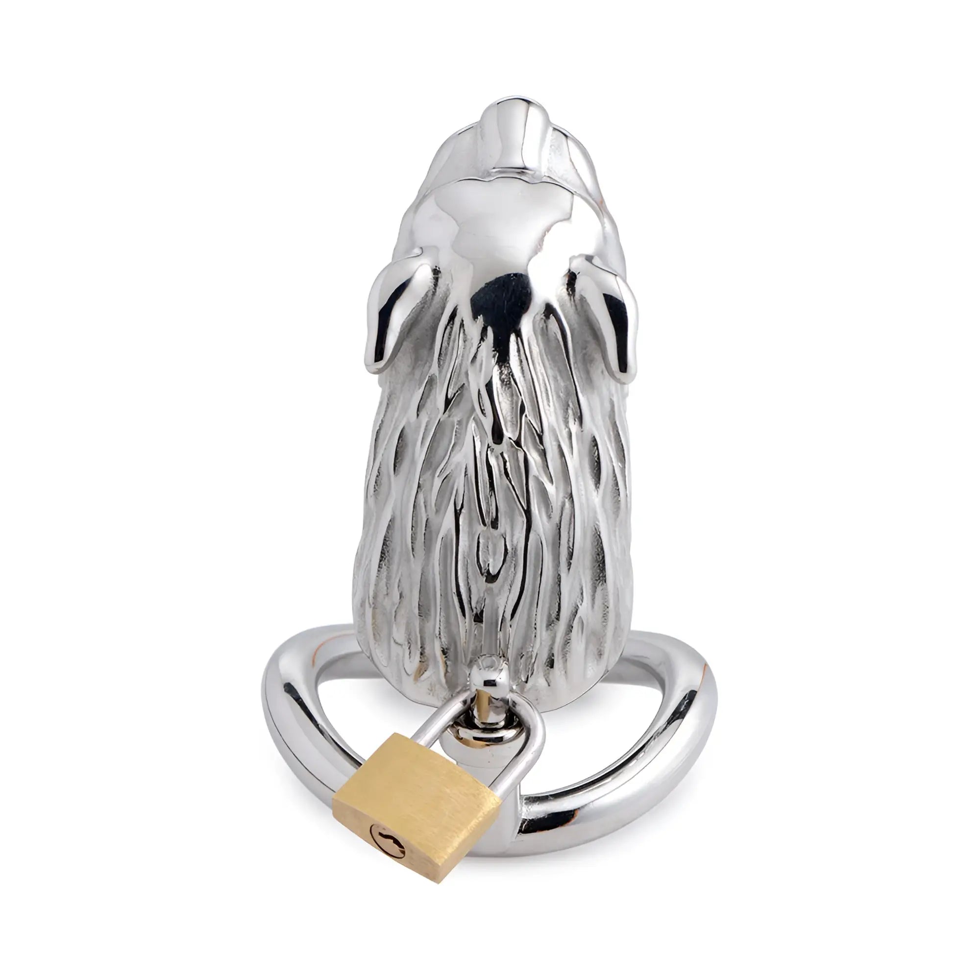 Silver wolf-shaped tiger king locking chastity cage with textured fur detail and gold-colored padlock