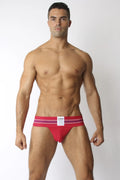 Red tight end jockstrap athletic briefs with purple and white striped waistband designed for support and performance
