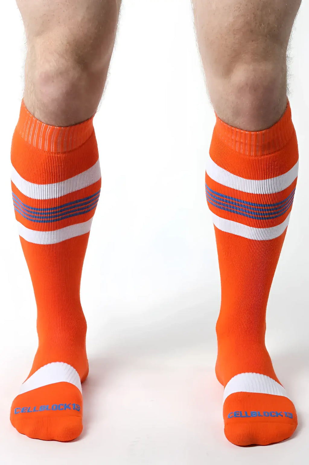 Bright orange tight end knee high socks with white and purple stripes ribbed cuff and toe design