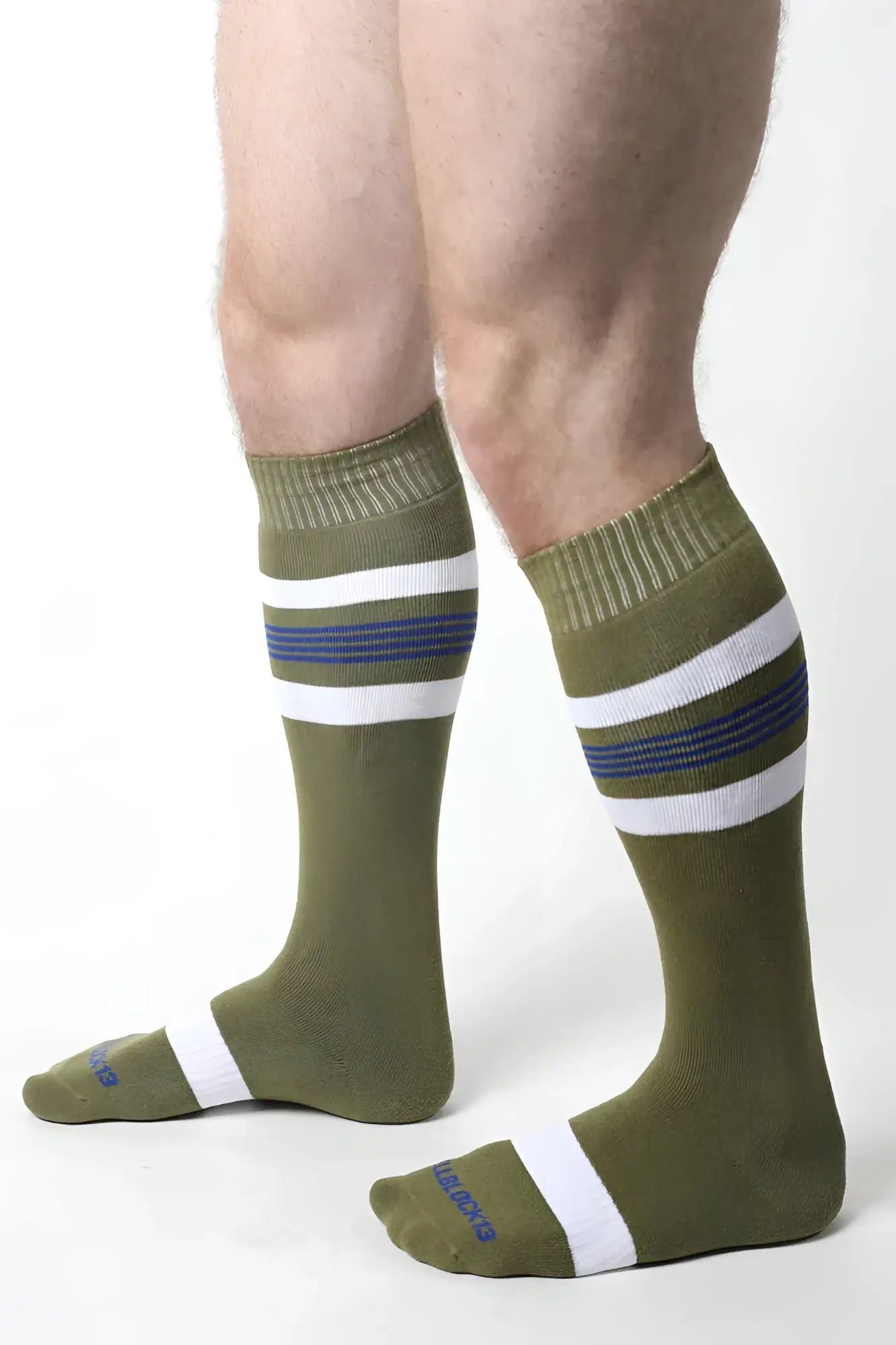 Olive green tight end knee high athletic socks with white and navy blue stripes and ribbed cuff and toe design