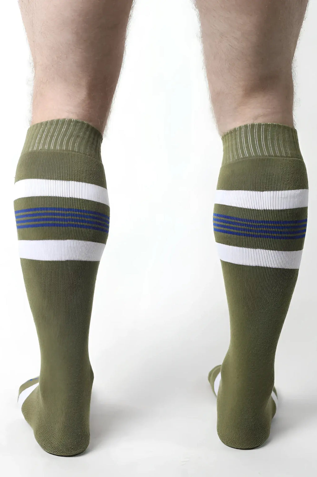 Olive green tight end knee high socks with two white stripes thin blue lines and ribbed cuff in front view