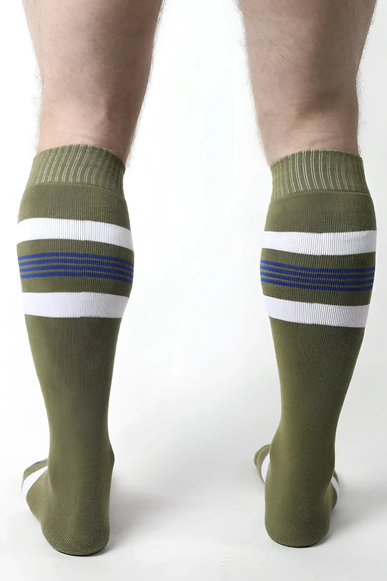 Olive green tight end knee high socks with two white stripes thin blue lines and ribbed cuff in front view