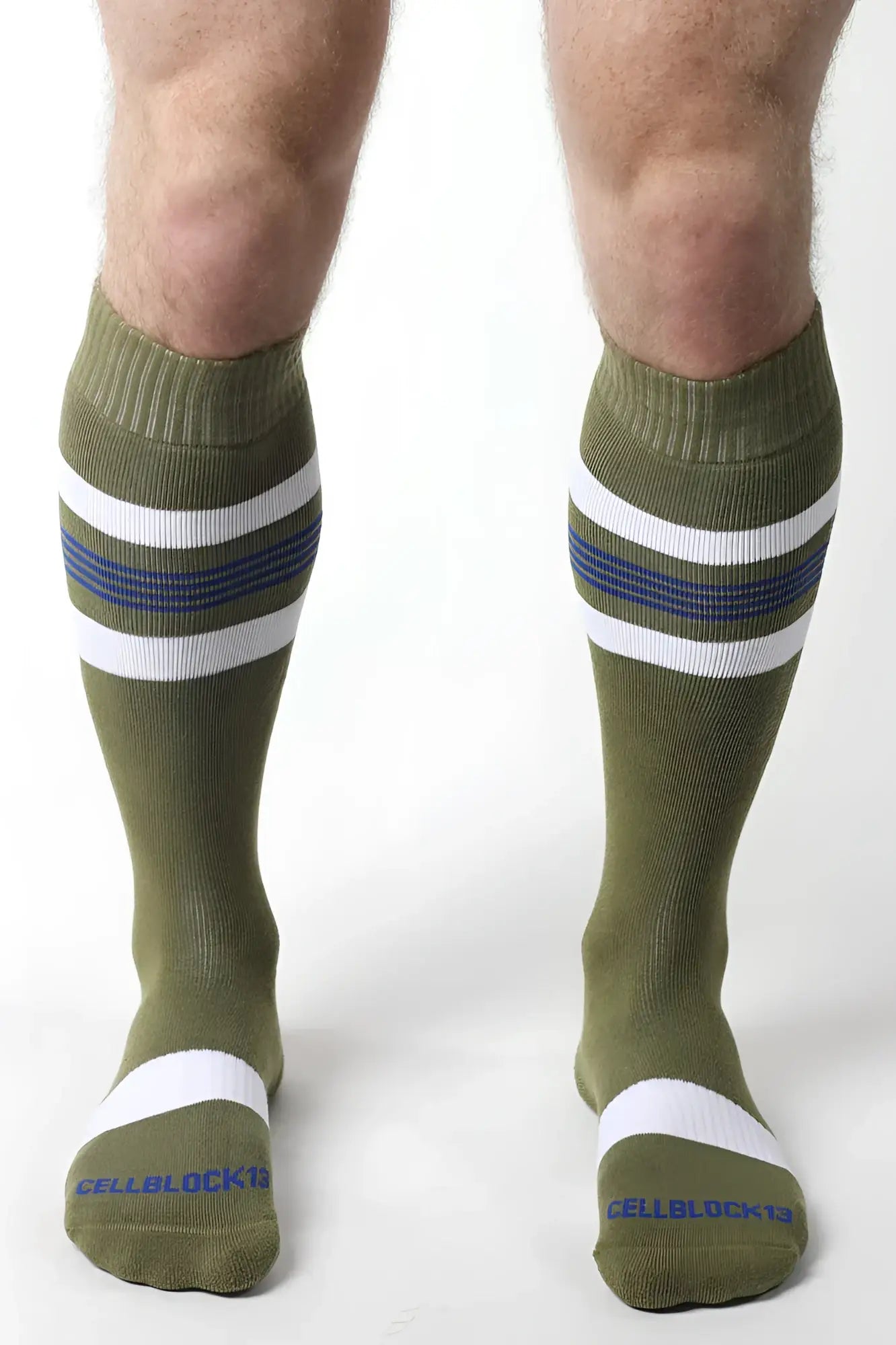 Olive green tight end knee high socks with white and navy stripes ribbed cuff and toe band for comfortable fit