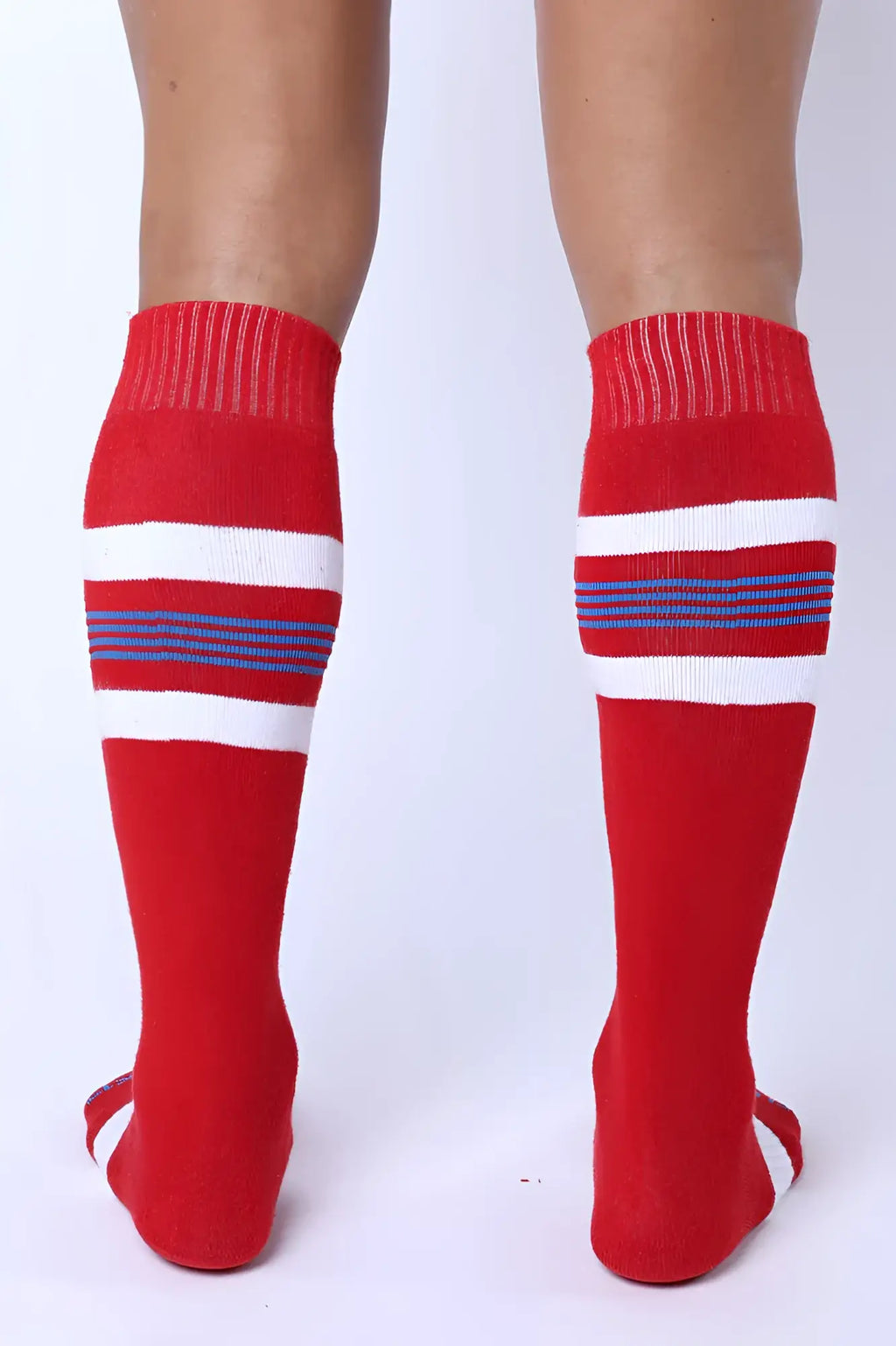 Red knee high tight end socks with white and blue stripes designed for athletic use in four color options