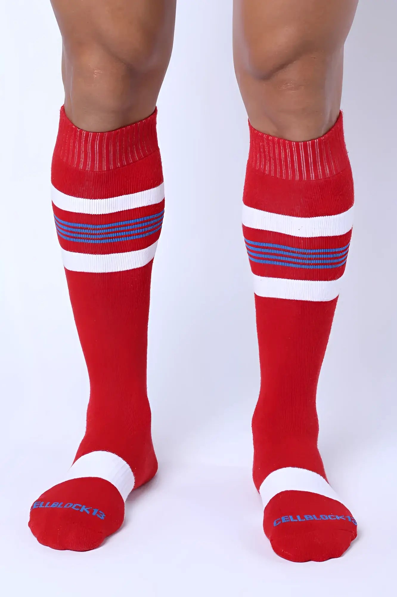 Tight End knee high socks in red with white and blue stripes featuring ribbed cuff and toe band