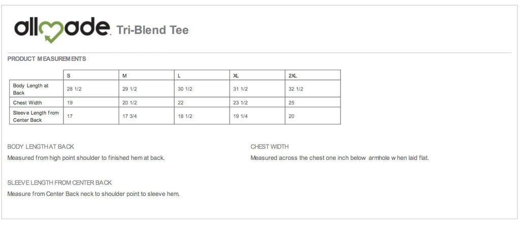 Allmade tight end tri-blend tee in soft gray with size measurements from s to 2xl shown in a table