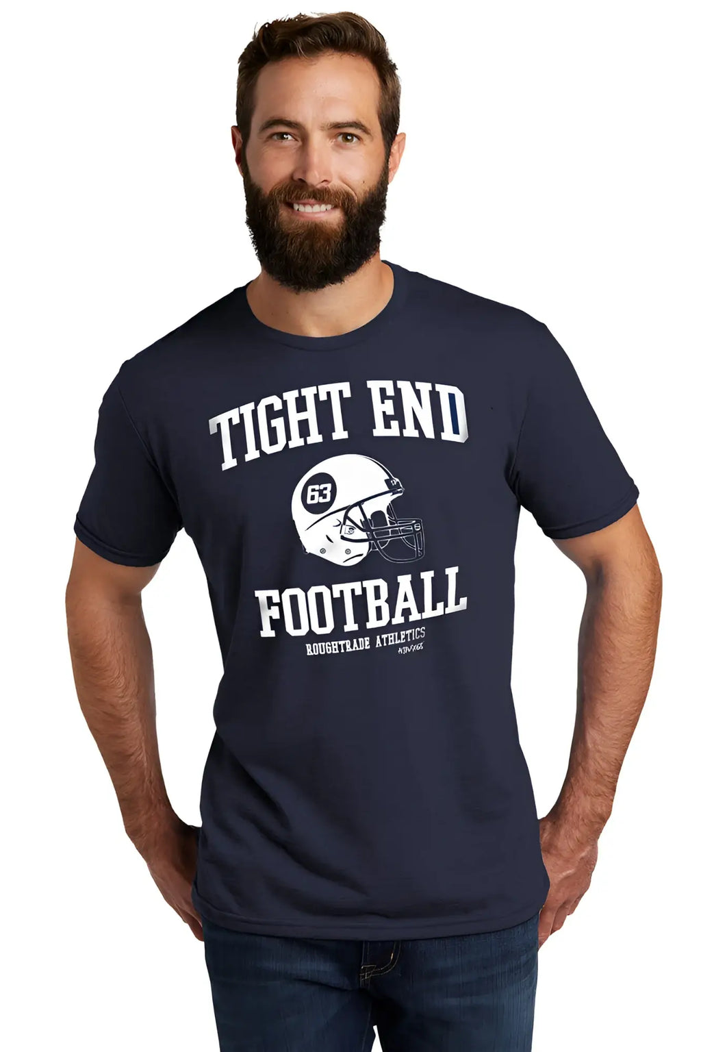 Navy blue cotton tri-blend t-shirt with white tight end football graphic and football helmet design