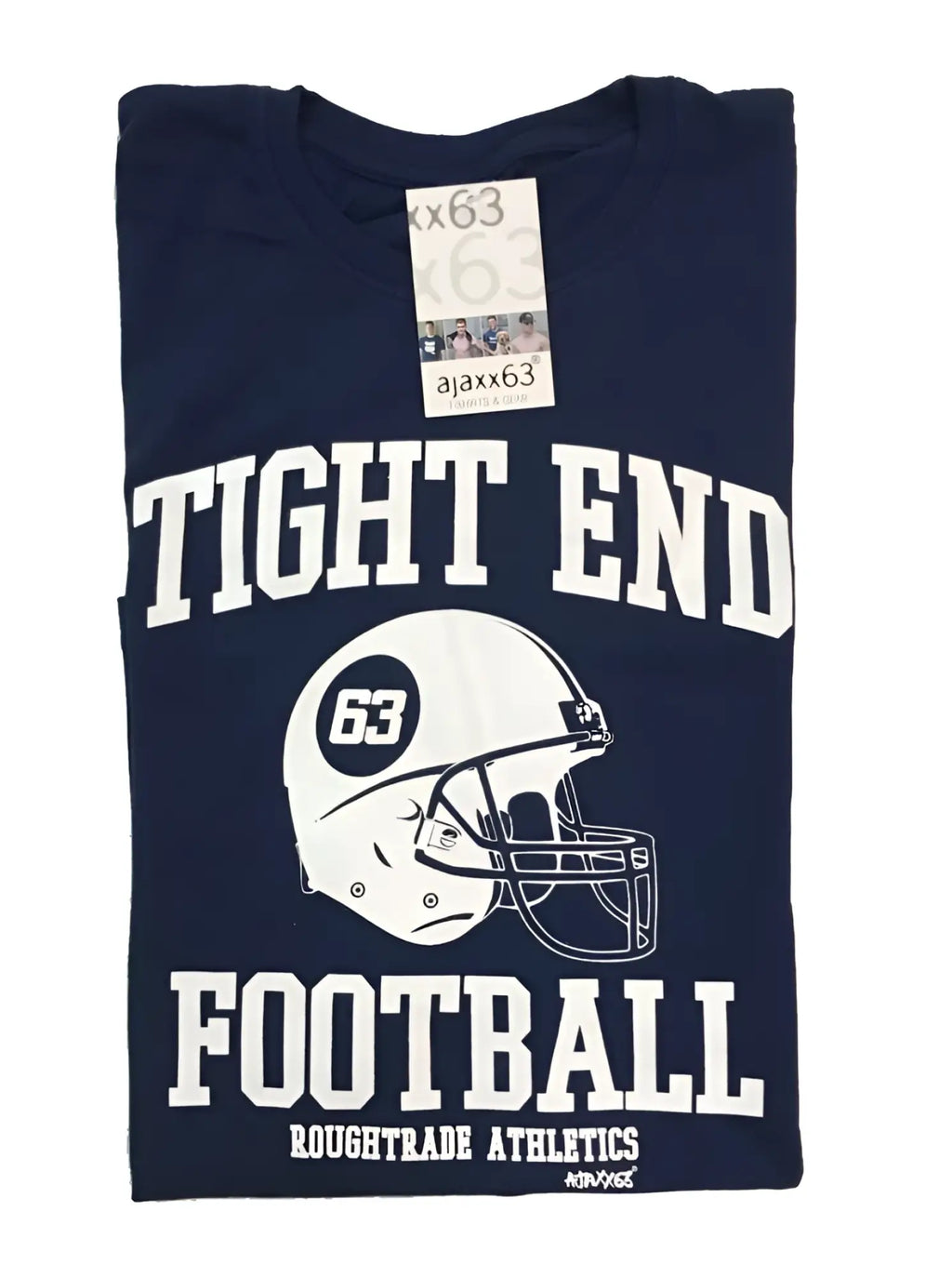 Navy blue cotton tri-blend t-shirt featuring a white football helmet graphic with number 63 and bold tight end lettering