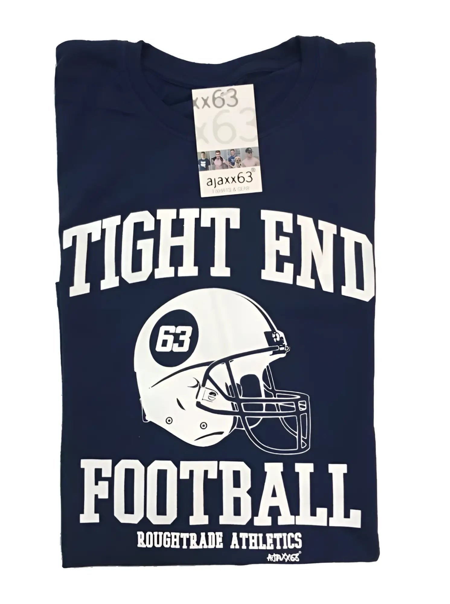 Navy blue cotton tri-blend t-shirt featuring a white football helmet graphic with number 63 and bold tight end lettering
