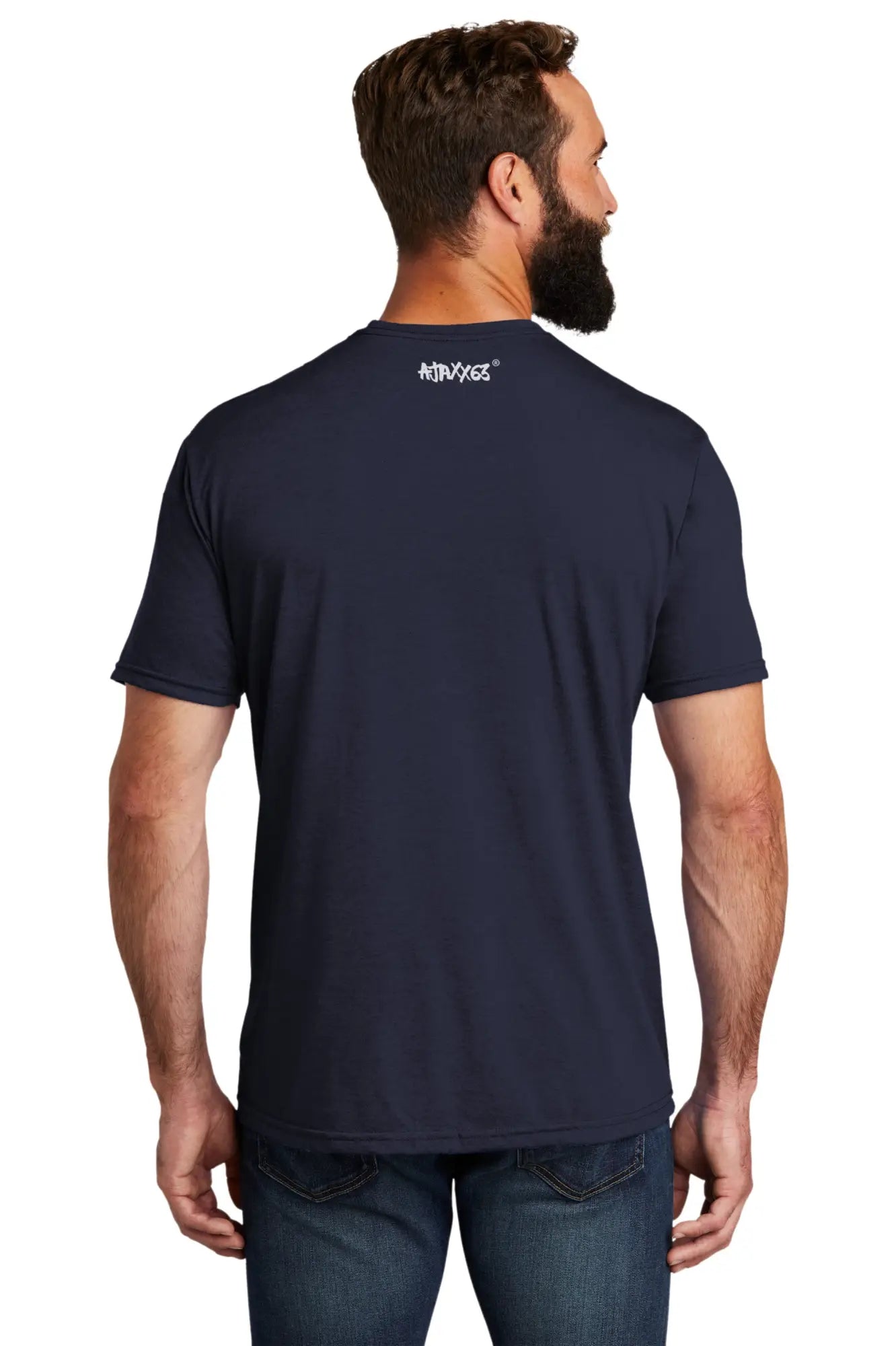 Navy blue cotton tight end tri blend t-shirt with white atmnygs logo at the neckline