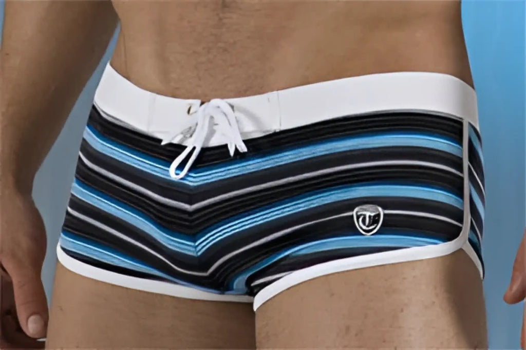 Timoteo competition trunk swimwear in blue and white striped fabric with white drawstring waistband size M