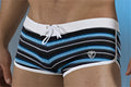 Timoteo competition trunk swimwear in blue and white striped fabric with white drawstring waistband size M
