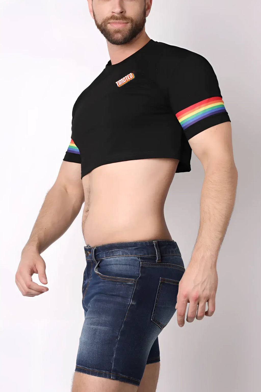 Black cropped t-shirt with rainbow stripe sleeves and small orange two logo patch from timoteo pride 23 crop top collection