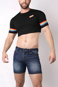 Black cotton Timoteo Pride 23 crop top with rainbow stripe sleeves and a small twoed logo patch on chest