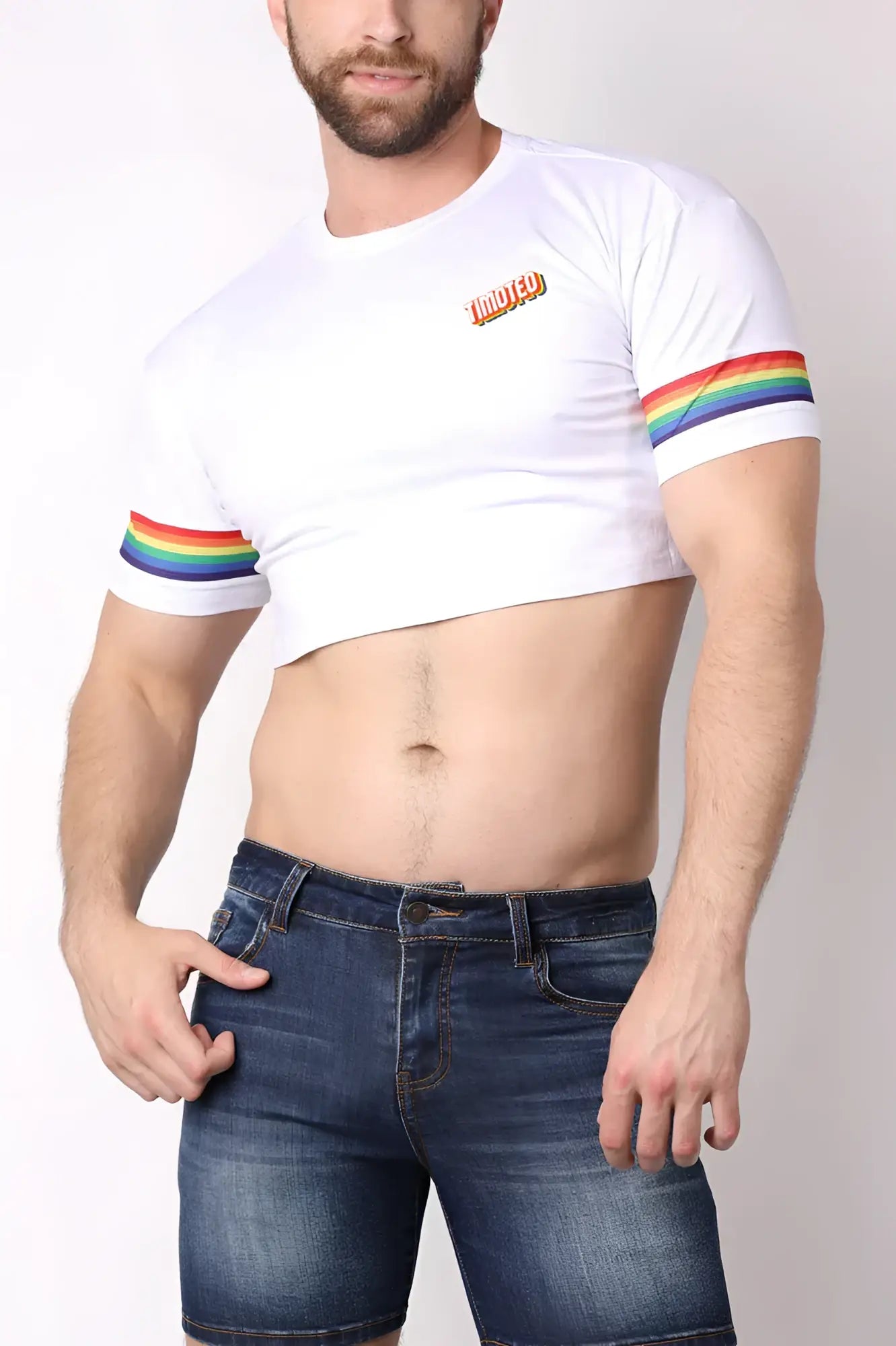 White cropped t-shirt timoteo pride 23 crop top with rainbow stripe sleeves and small multicolor lgbtq logo embroidery
