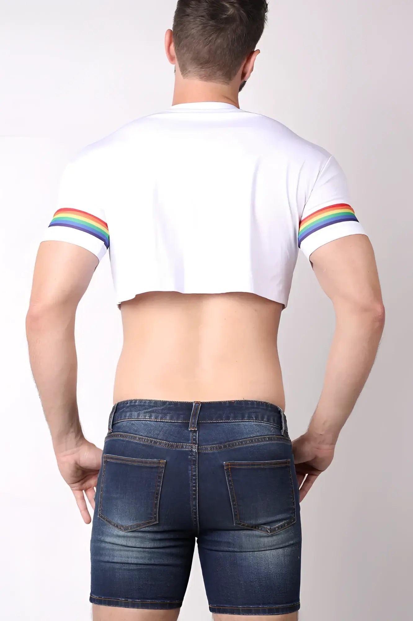 White cropped cotton t-shirt with rainbow stripes on the sleeves from Timoteo Pride 23 crop top collection