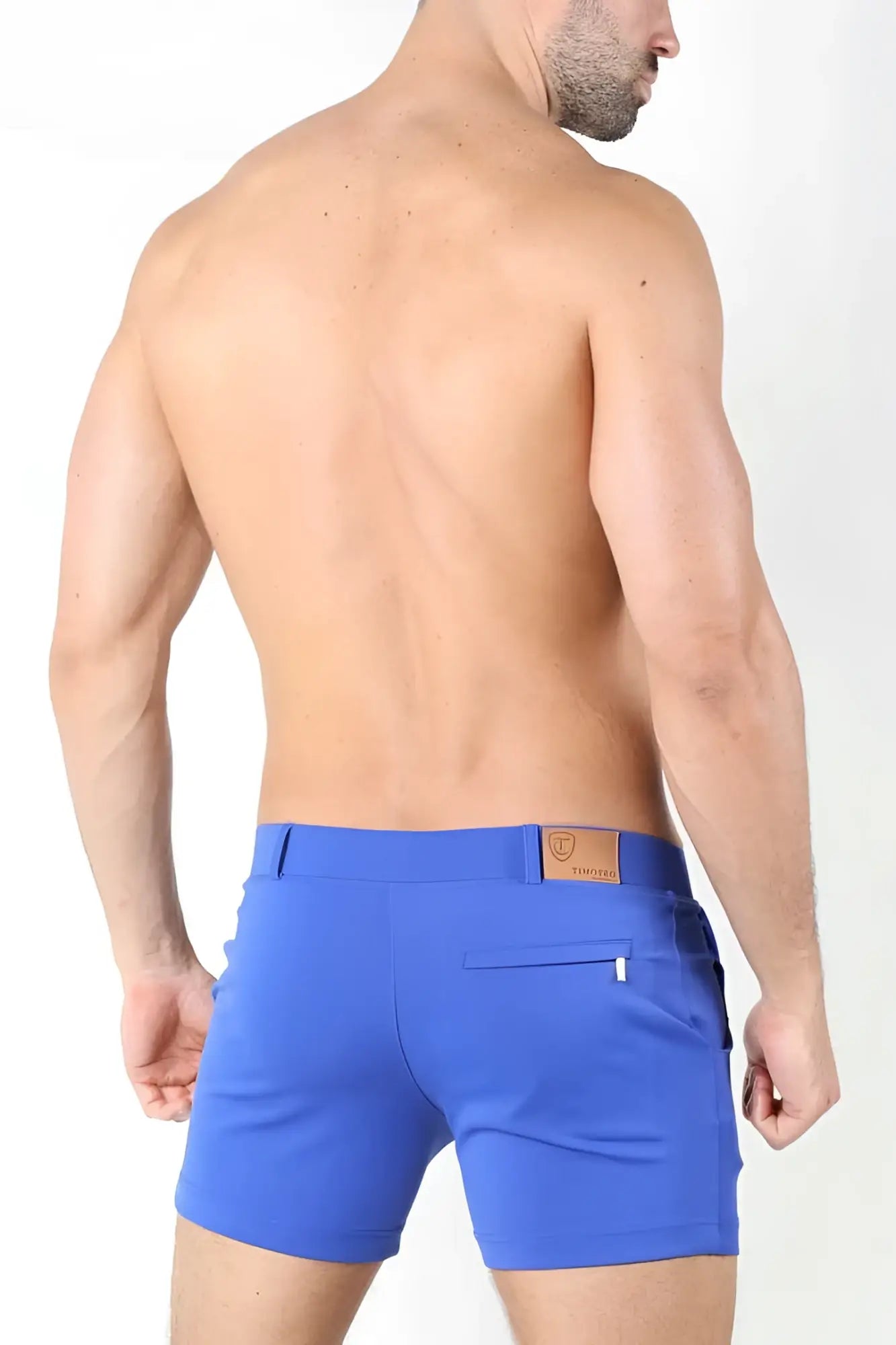 Timoteo Santa Monica shorts blue TMS150 size M featuring bright blue form-fitting fabric and a brown leather waistband patch