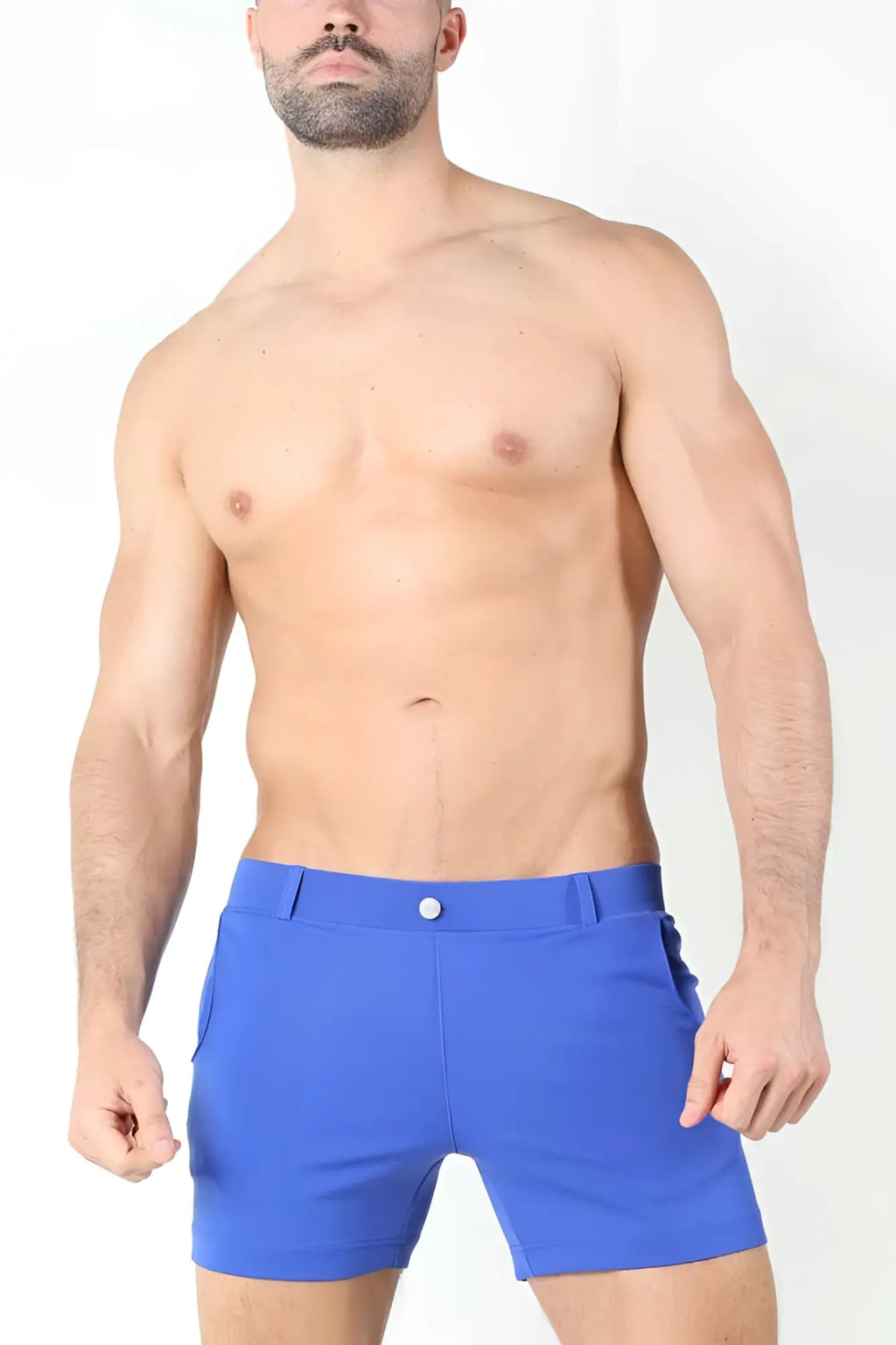Timoteo Santa Monica shorts blue TMS150 size M with bright blue form-fitting fabric and single button waistband closure