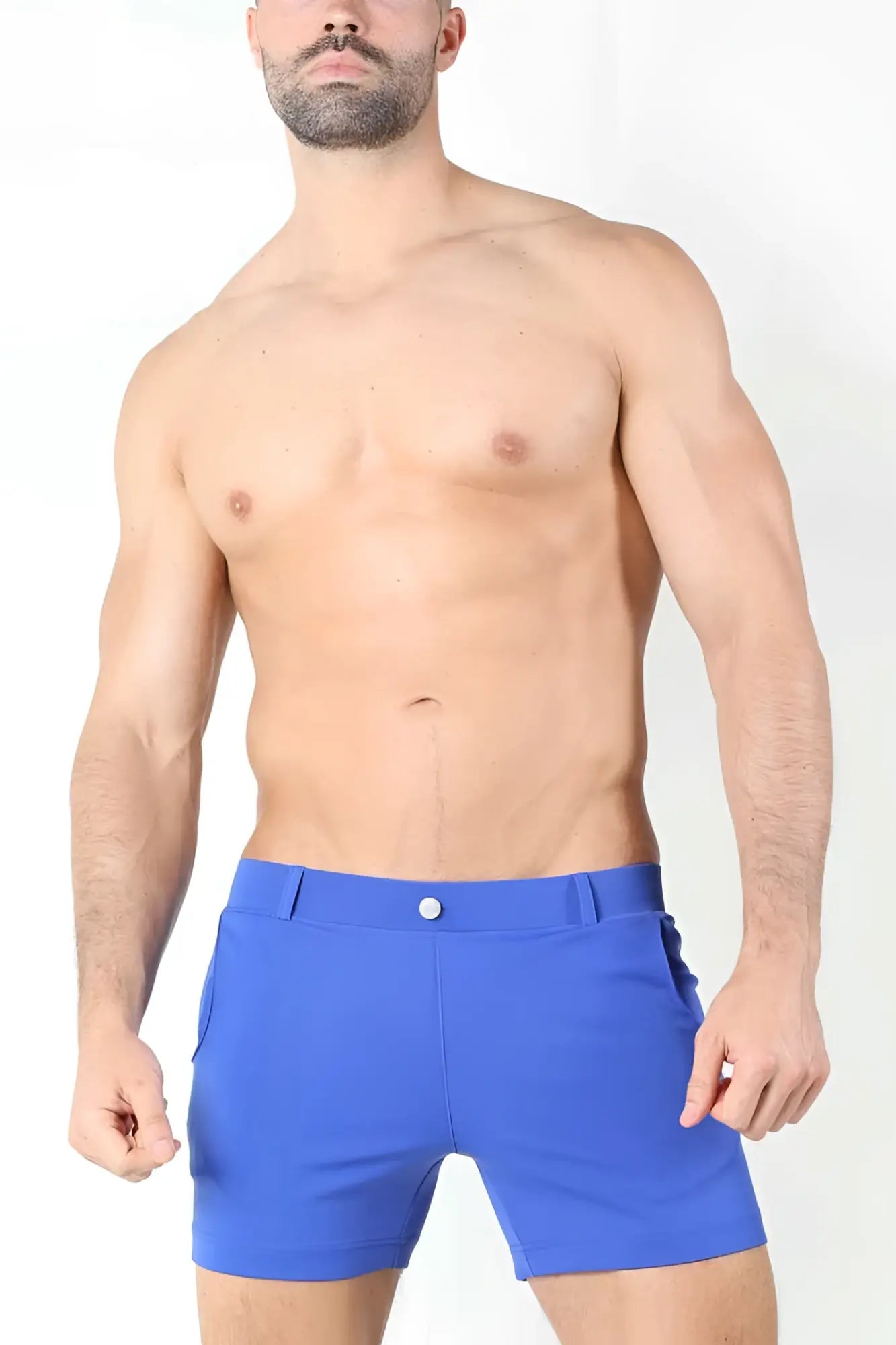 Timoteo Santa Monica shorts blue TMS150 size M with bright blue form-fitting fabric and single button waistband closure