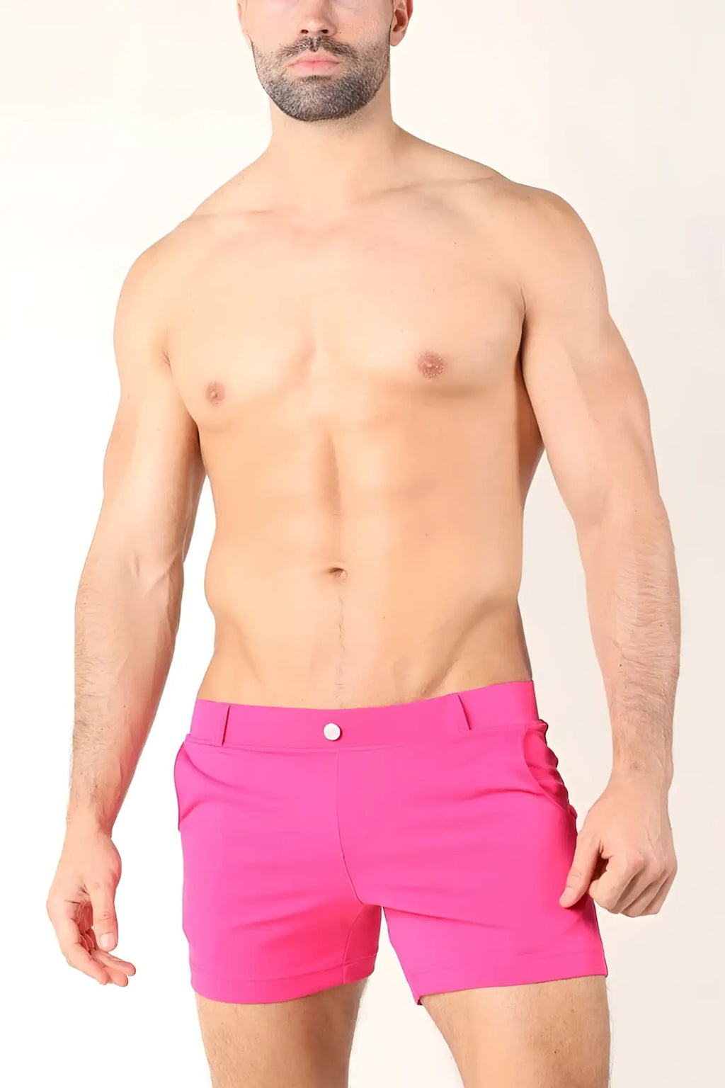 Timoteo santa monica shorts fuchsia tms150 medium bright pink tailored swim trunks with white button closure