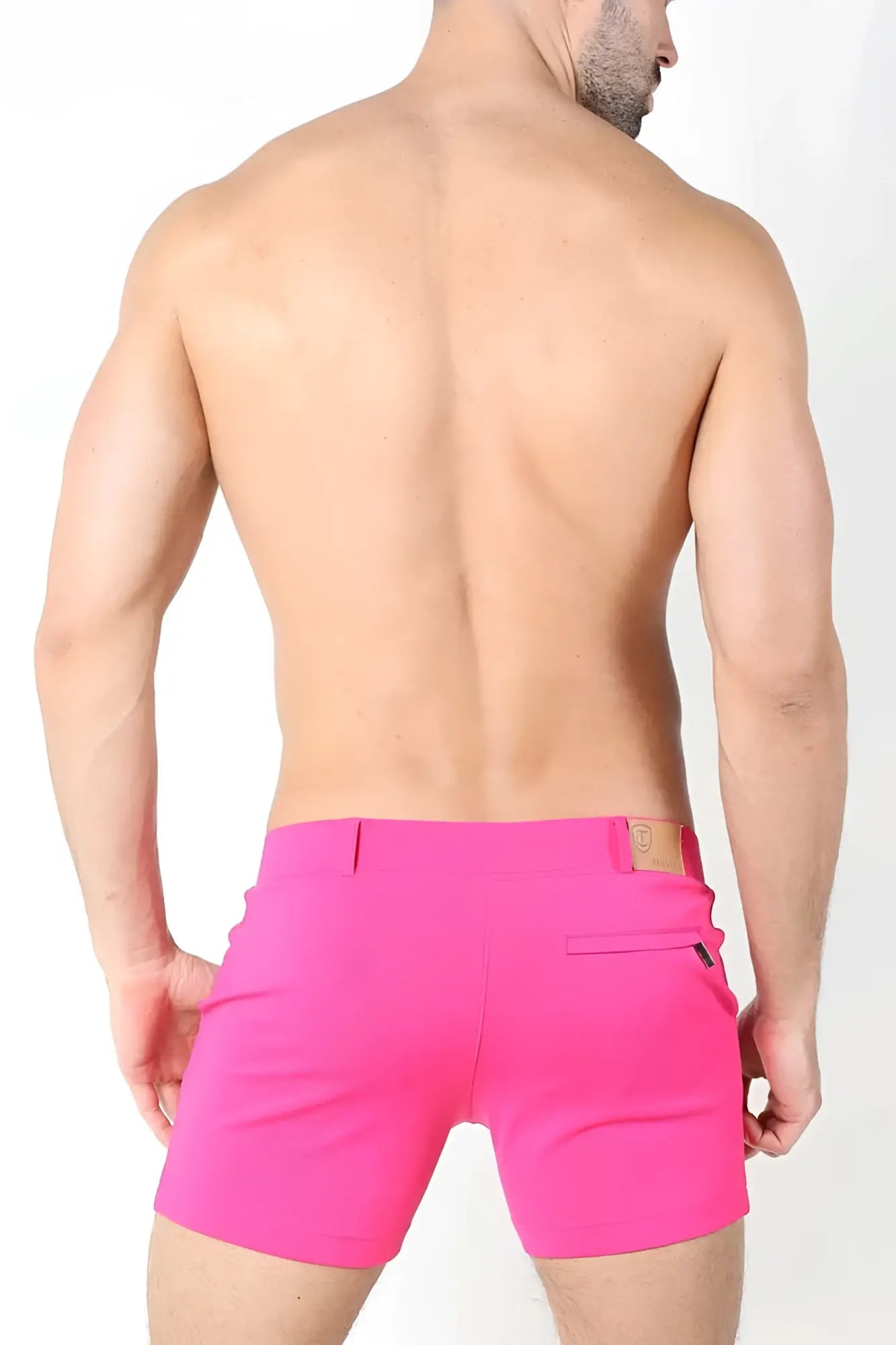 Timoteo santa monica tailored fit bright pink shorts with small brown leather patch on waistband size m