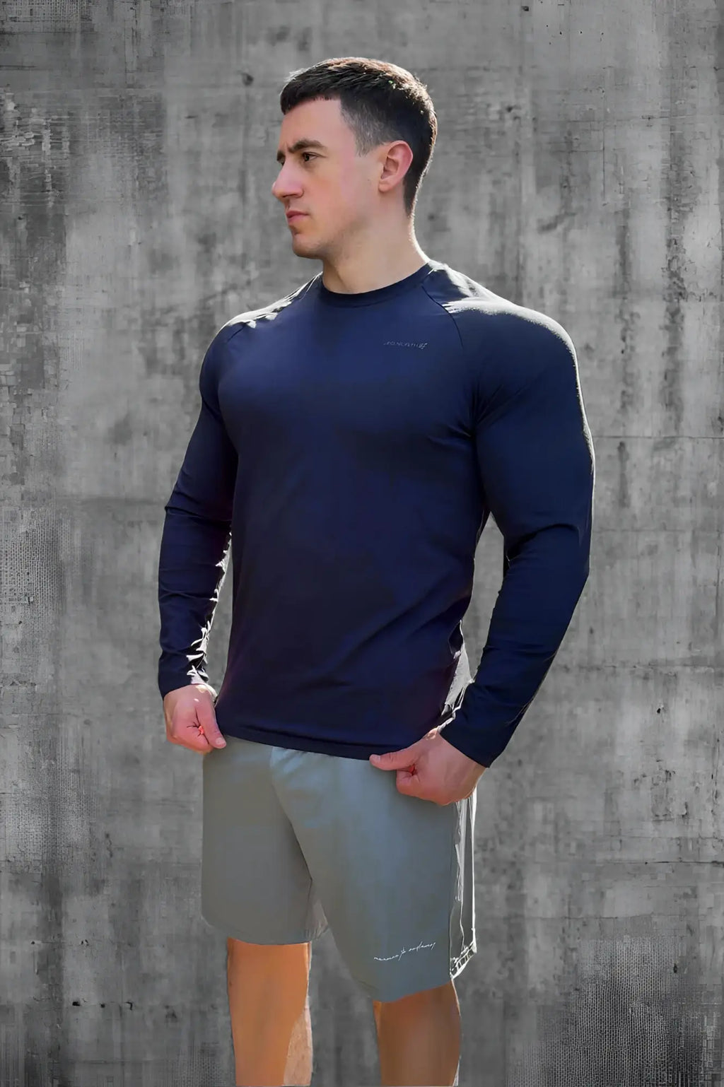 Titan muscle-fit long sleeve t-shirt navy made from breathable fabric for athletic performance and muscle support