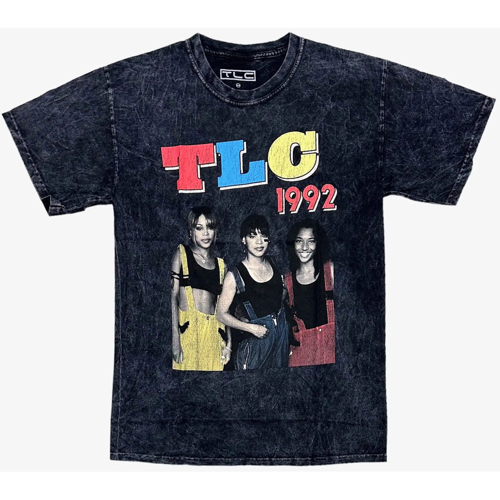 Black distressed cotton tlc tee shirt featuring vibrant 1992 r&b group graphic with colorful lettering and photo