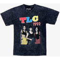 Black distressed cotton tlc tee shirt featuring vibrant 1992 r&b group graphic with colorful lettering and photo