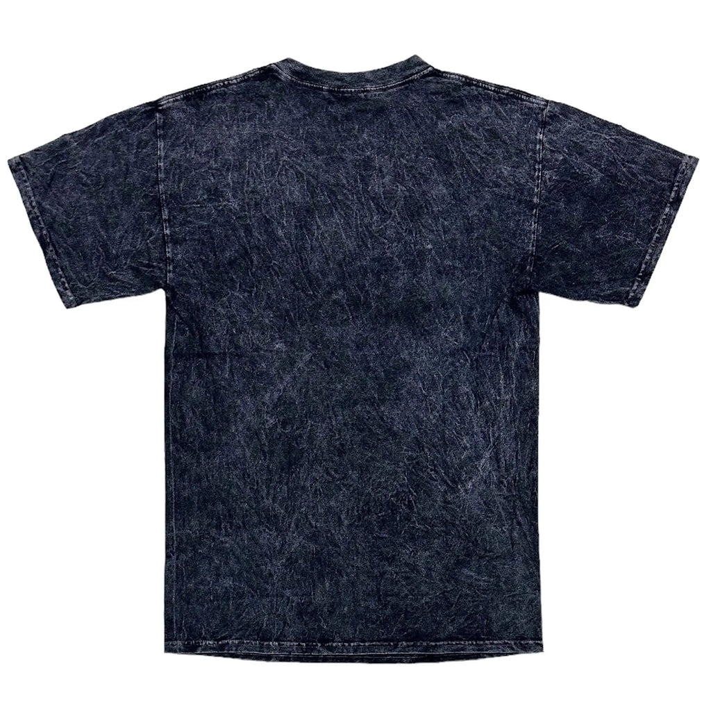 Dark blue distressed cotton tlc tee shirt with faded textured appearance
