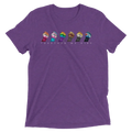 Purple heathered cotton t-shirt with five colorful raised fists and together we rise printed below design