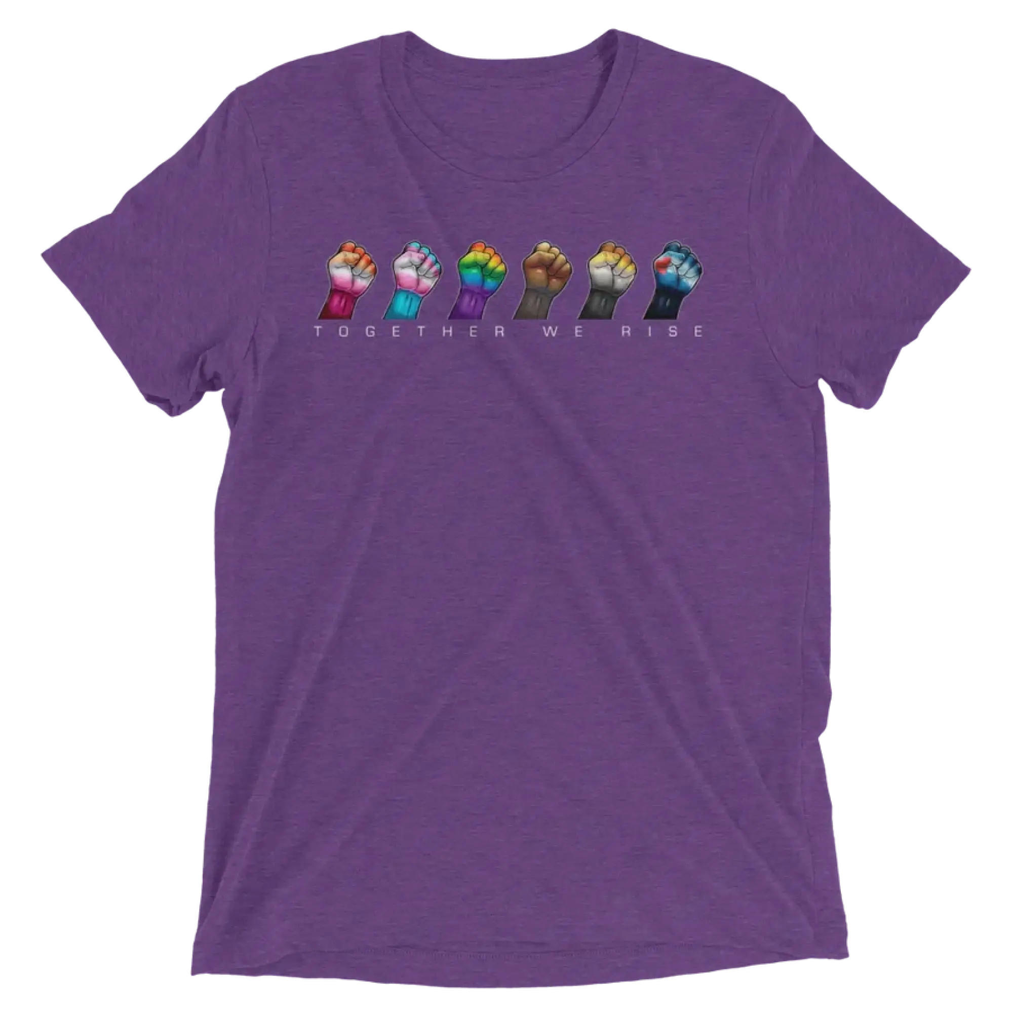 Purple heathered cotton t-shirt with five colorful raised fists and together we rise printed below design
