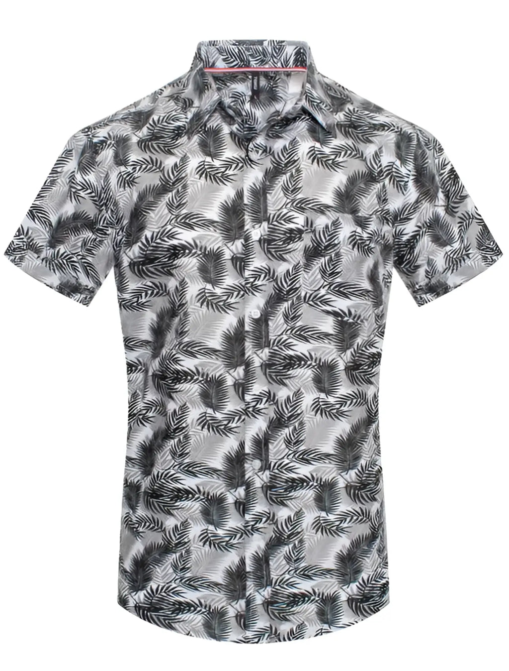 Toku palm print short-sleeved button-up shirt with black and white tropical leaf pattern on light gray fabric
