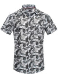 Toku palm print short-sleeved button-up shirt with black and white tropical leaf pattern on light gray fabric