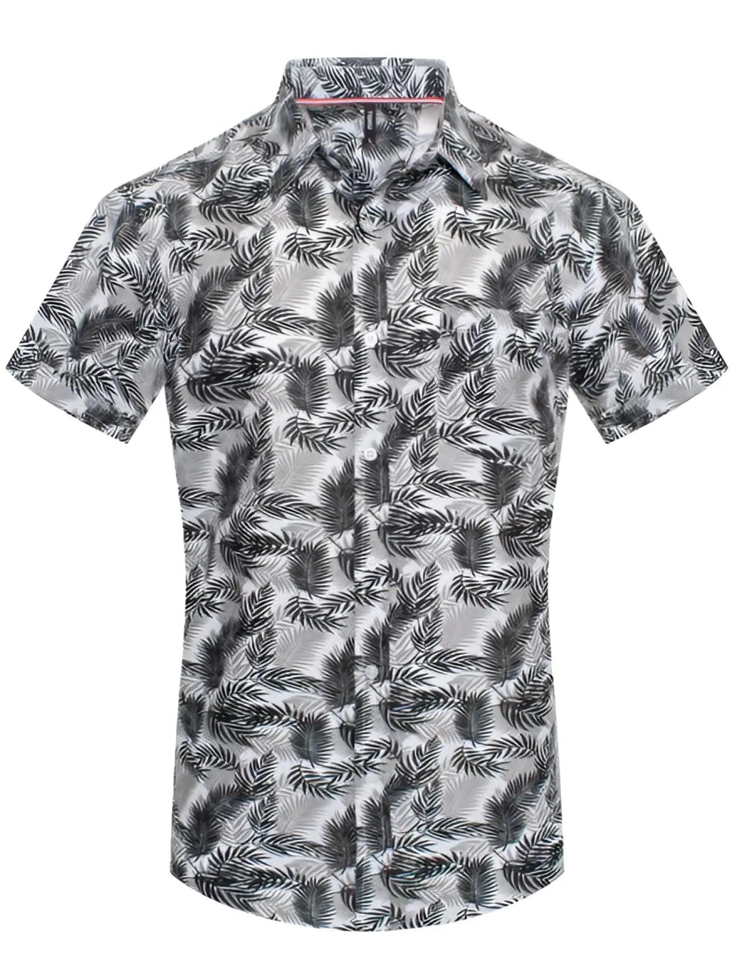 Toku palm print short-sleeved button-up shirt with black and white tropical leaf pattern on light gray fabric