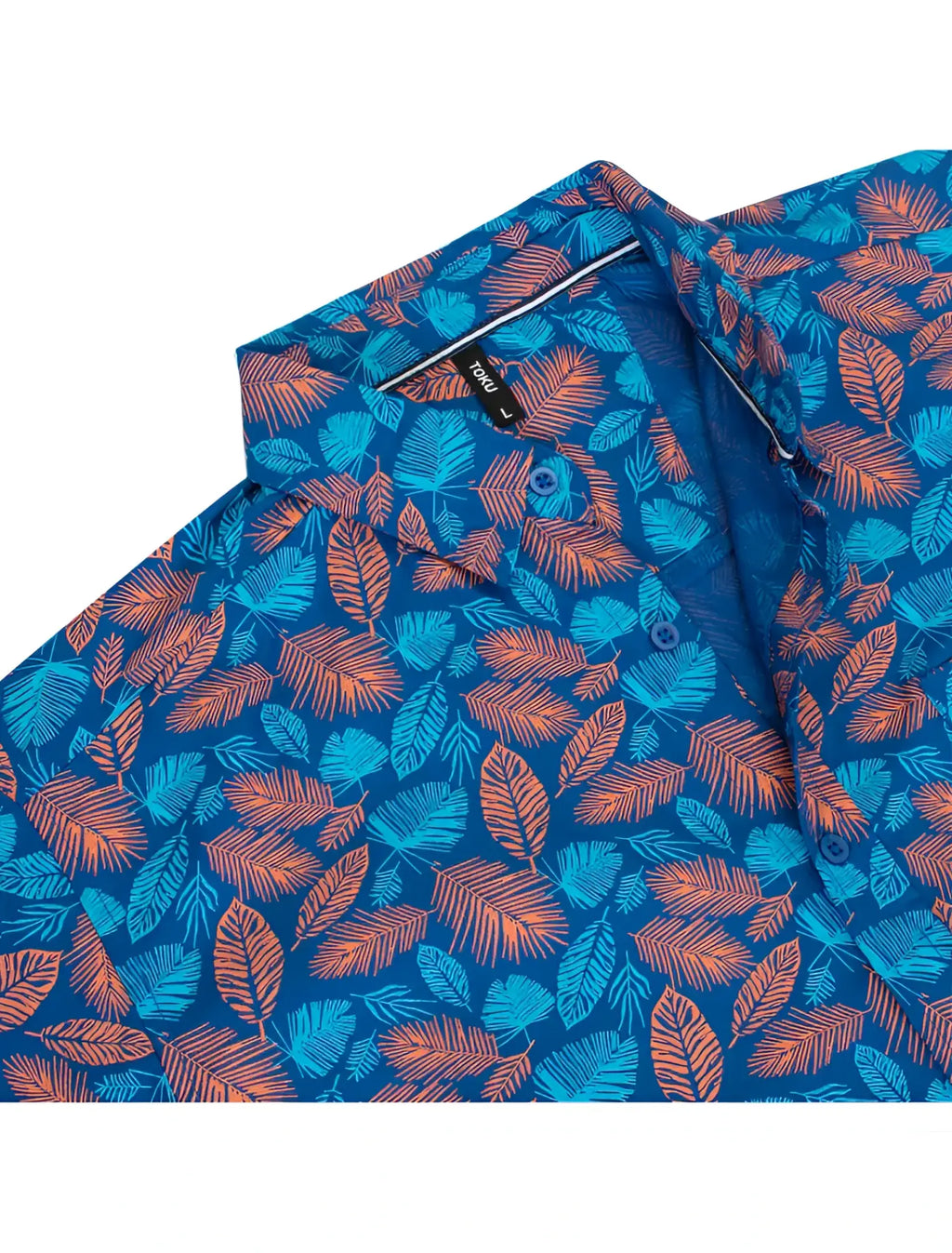 Vibrant blue and orange tropical leaf patterned button-down shirt called toku palm print shirt for casual wear