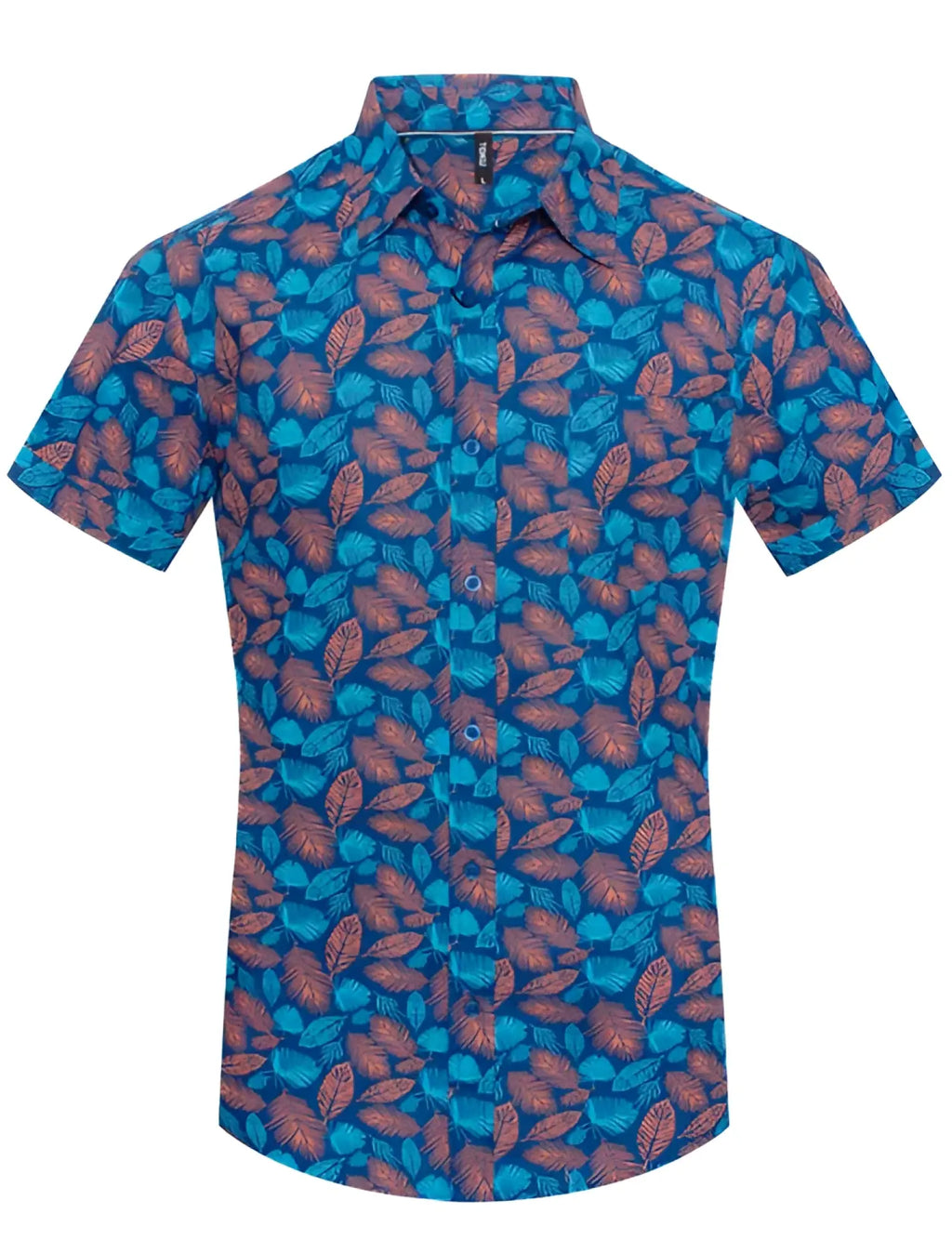 A vibrant blue short-sleeved button-up tiki palm print shirt with dense rust-colored leaf pattern for casual wear